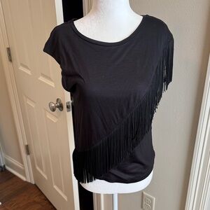Anthropologie Black Fringe Short Sleeve Top